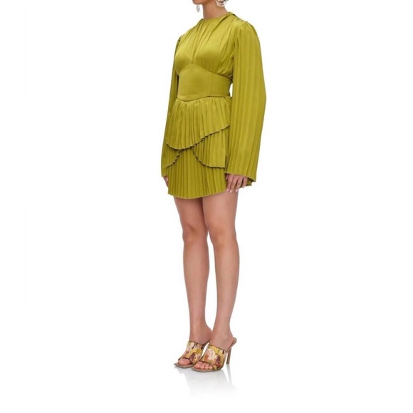 NWT Andrea Iyamah Chartreuse Pleated Mini Dress - Picture 4 of 6